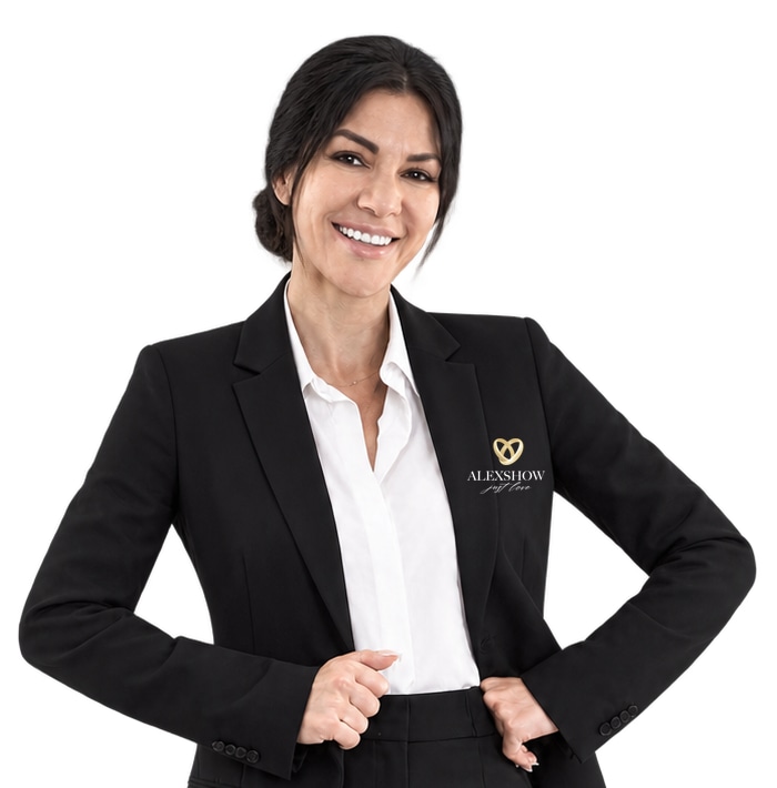 Hochzeitsmoderatorin Elena mit Hochsteckfrisur und AlexShow-Logo am schwarzen Blazer