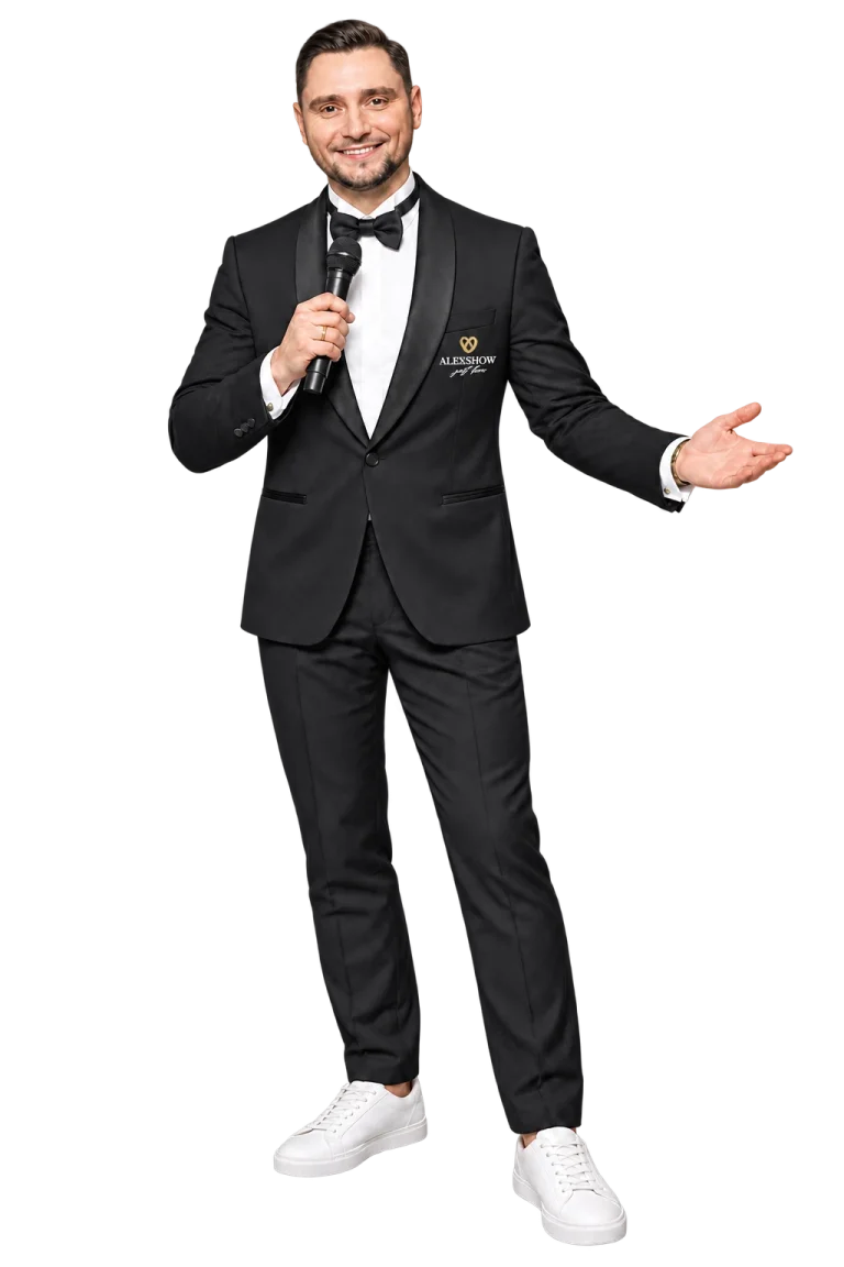 Sergey Solovyov im schwarzen Smoking mit kleinem AlexShow-Logo, Mikrofon und offener Hand – Ganzkörperporträt.