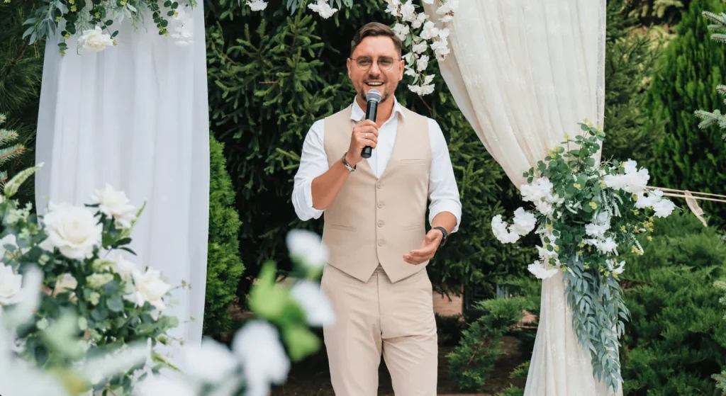 Sergey Solovyov mit Mikrofon vor einem weißen Blumenbogen bei einer Trauung.